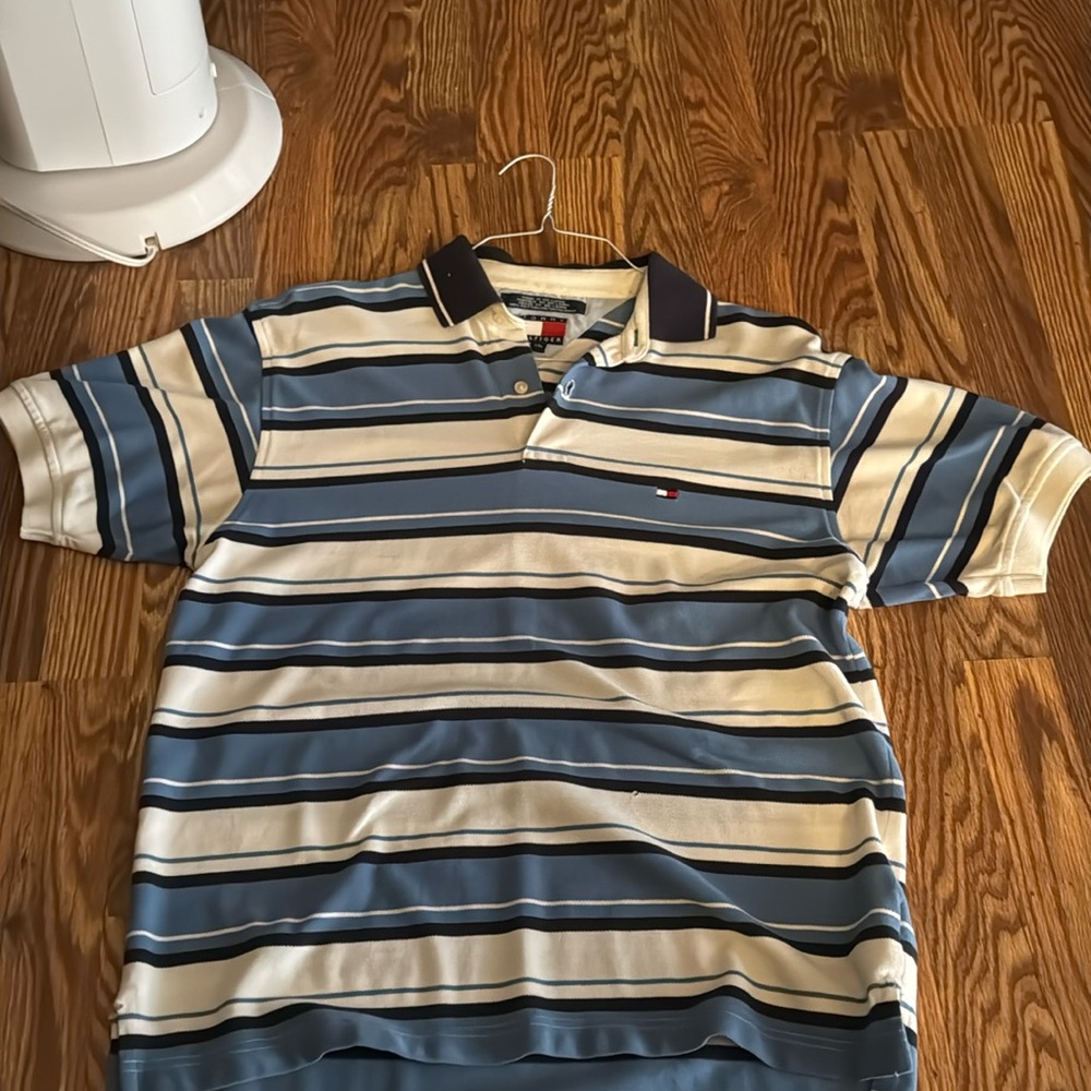 white and blue Tommy Hilfiger Polo shirt